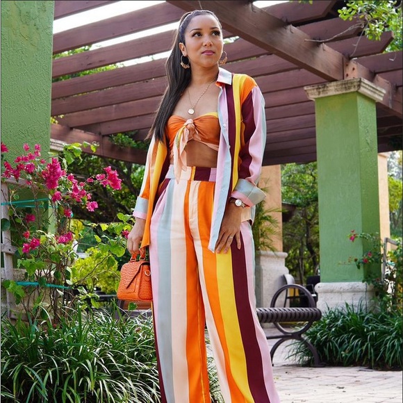 Mixed Vertical Stripe Print Wide Leg Pants - Fe Noel × Target Orange/Brown/Peach - Picture 1 of 10
